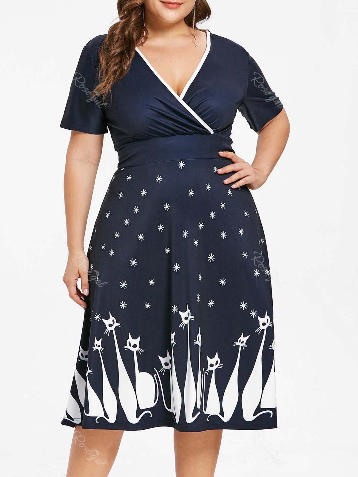 

Plus Size Plunge Cat Pattern Vintage A Line Dress, Cadetblue