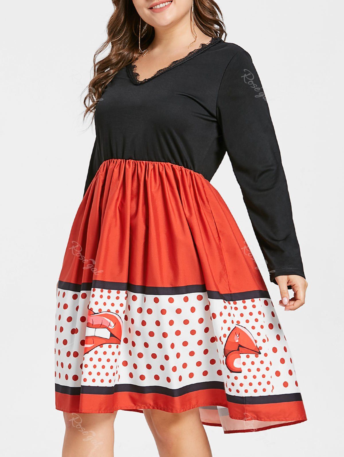 

Plus Size Lace Eyelash Flared Dress, Black