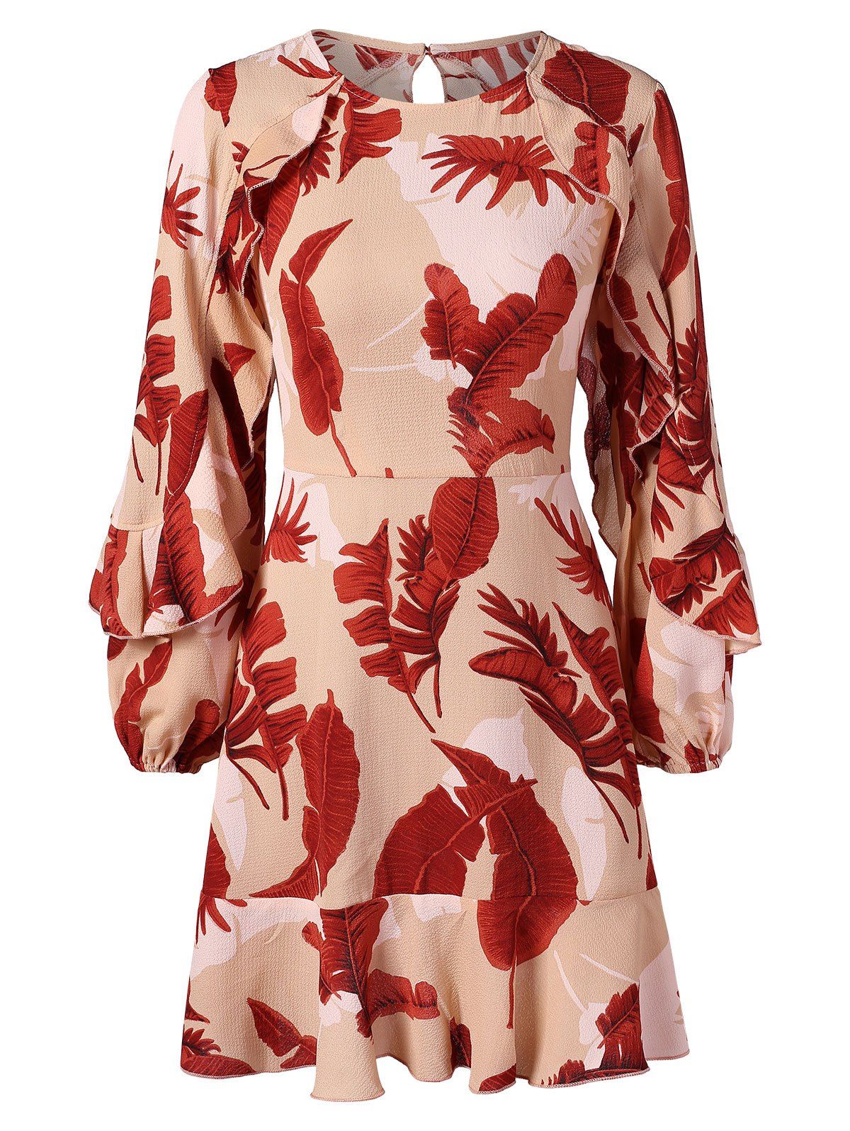 

Leaf Print Long Sleeve Flounce Dress, Multi