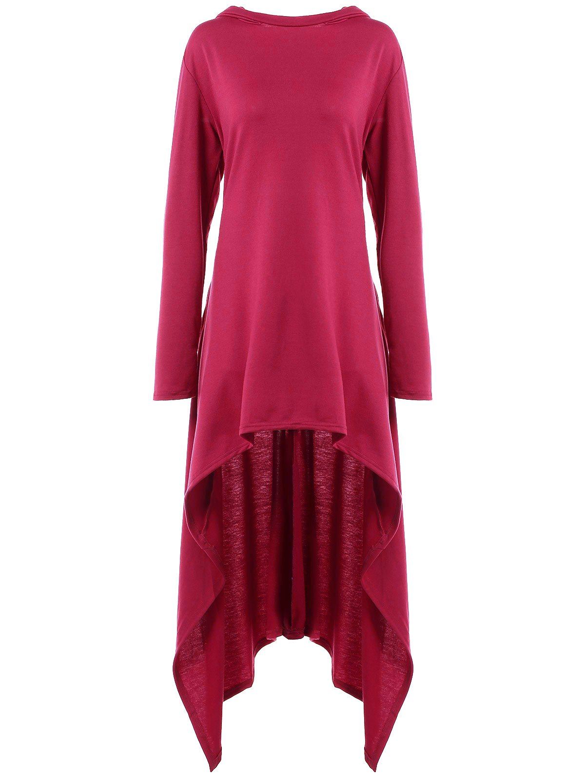

High Low Hooded Dress with Long Sleeves, Red violet