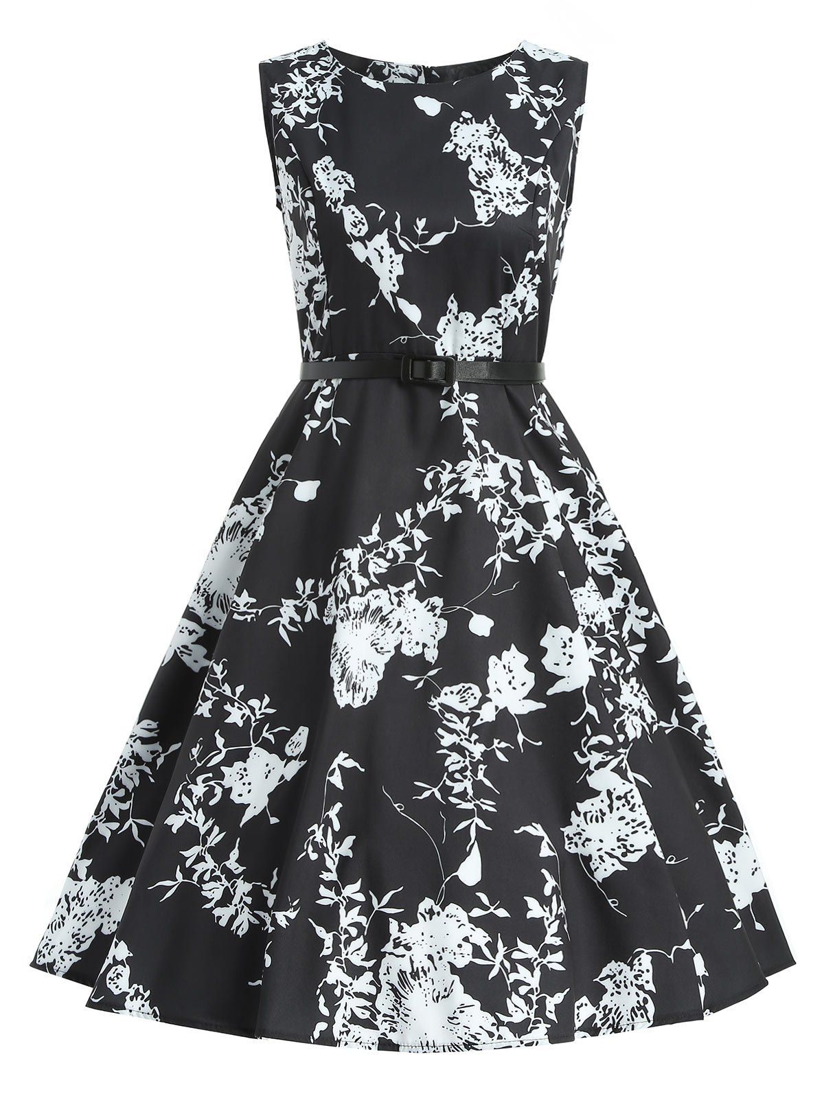 

Floral A Line Vintage Dress, Black
