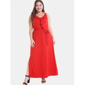 

Plus Size Ruffle Ankle Length Dress, Red