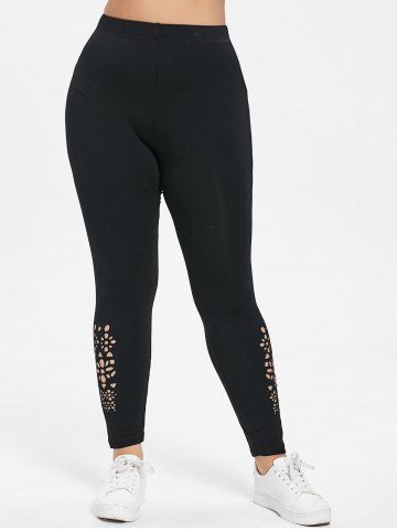 

Side Openwork Plus Size Elastic Waist Leggings, Black