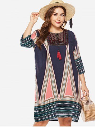 

Geometric Pattern Plus Size Tied Fringe Shift Dress, Multi