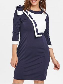 Plus Size Two Tone Buttoned Dress - DEEP BLUE - 2X