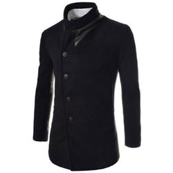 Trendy Slimming Stand Collar Long Sleeves Single-Breasted Design Solid Color Men's Long Woolen Overcoat - BLACK - 2XL