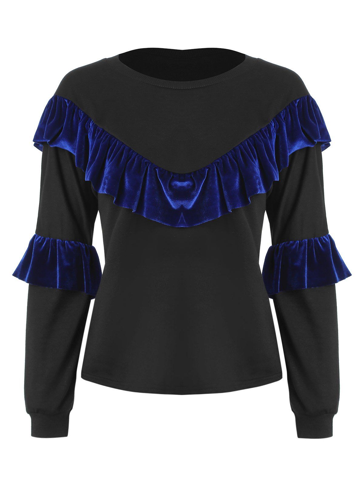 

Velvet Panels Ruffles Crew Neck Sweatshirt, Black