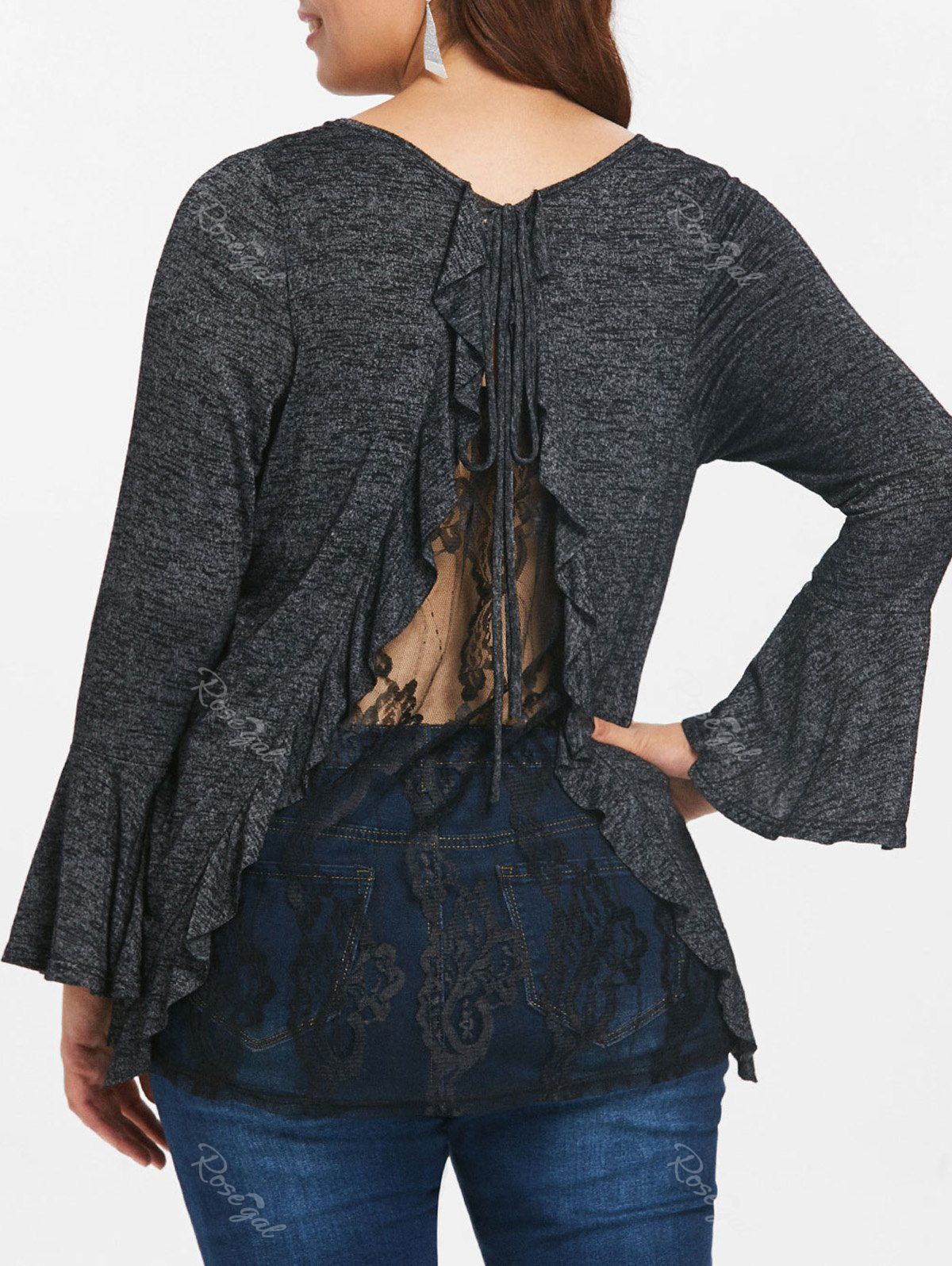 

Plus Size Back Tie Lace T-shirt, Dark gray