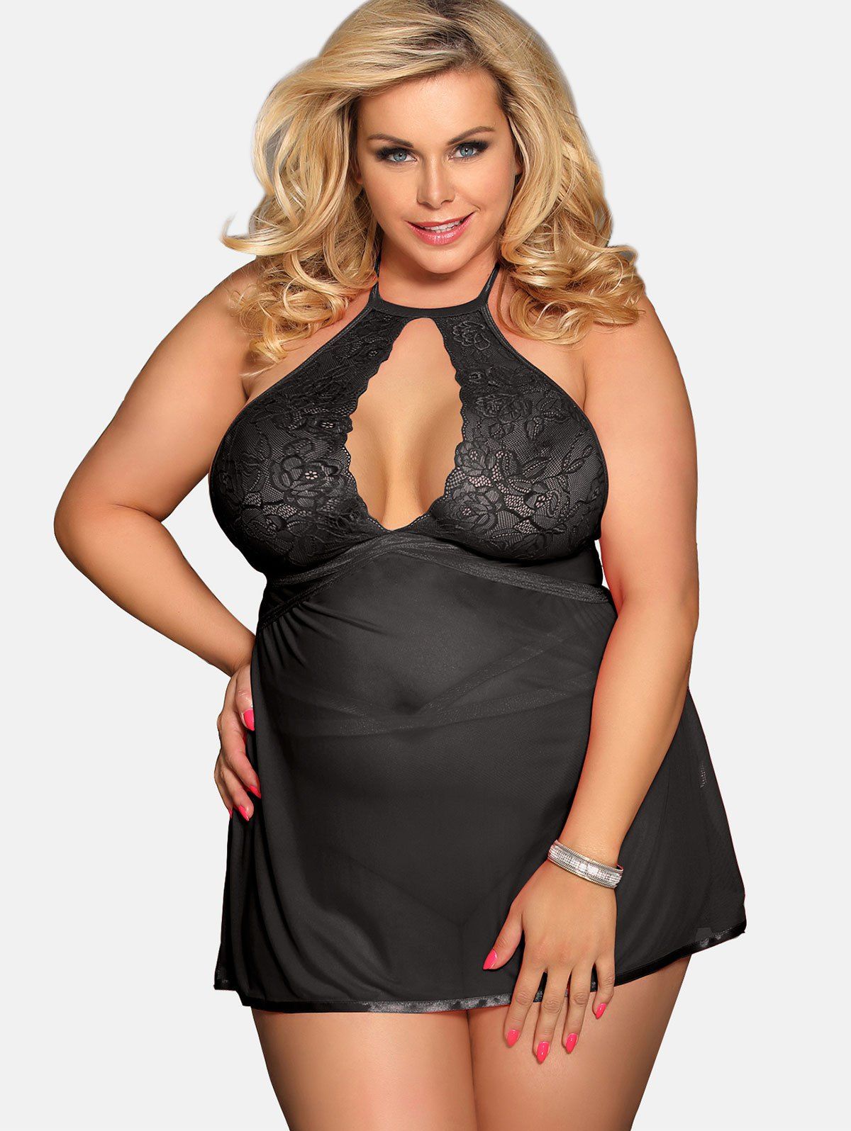 

Keyhole Plus Size Lingerie Babydoll Set, Black
