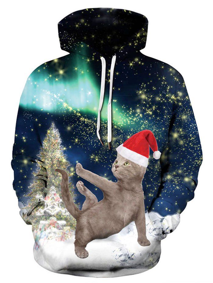 

Plus Size Christmas Cat Print Hoodie, Multi