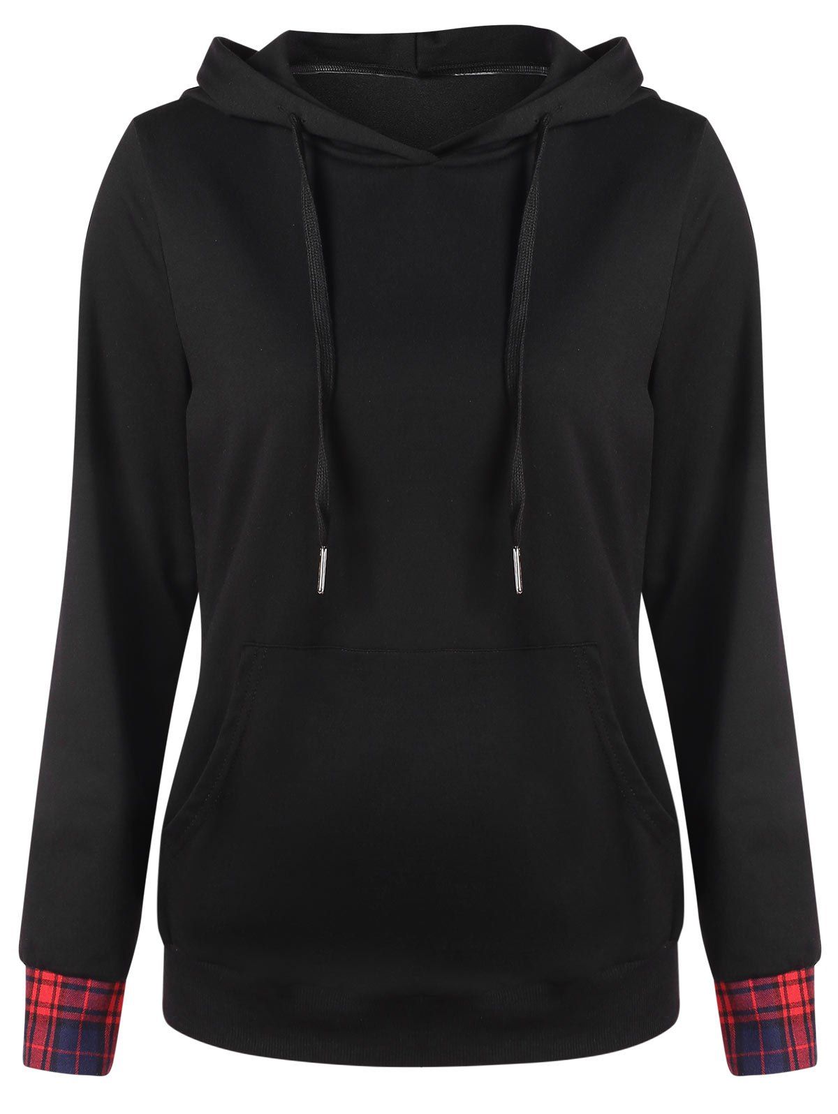 

Plaid Back Kangaroo Pocket Drawstring Hoodie, Black