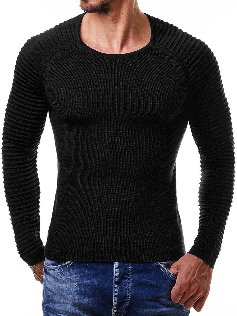 

Raglan Sleeve Pleated Pullover Sweater, Black