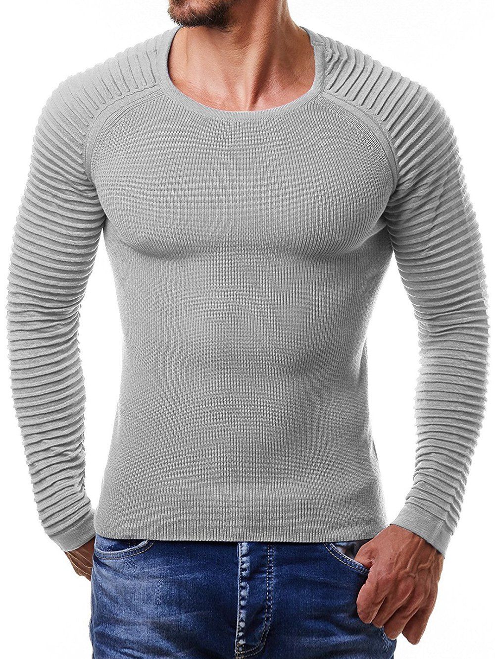 

Raglan Sleeve Pleated Pullover Sweater, Gray