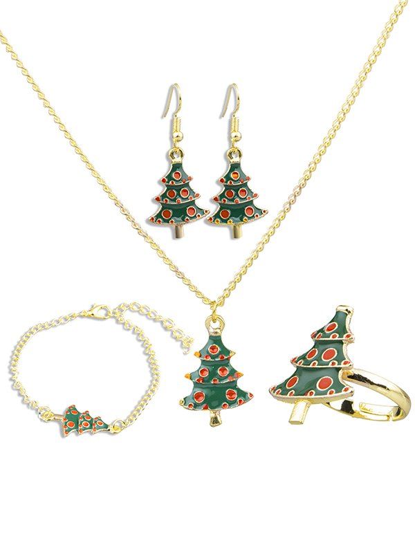 

Christmas Tree Design Necklace Earrings Ring Bracelet Set, Gold