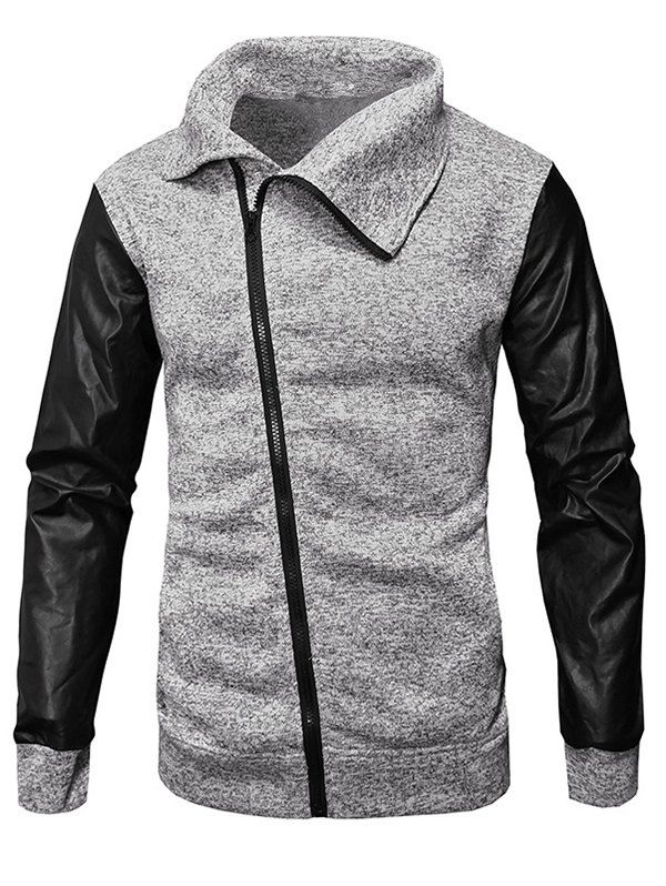 Slant Zipper Placket Faux Leather Sleeve Jacket