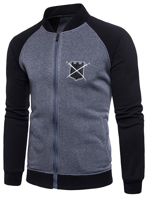 

Chest Applique Casual Zipper Jacket, Dark gray