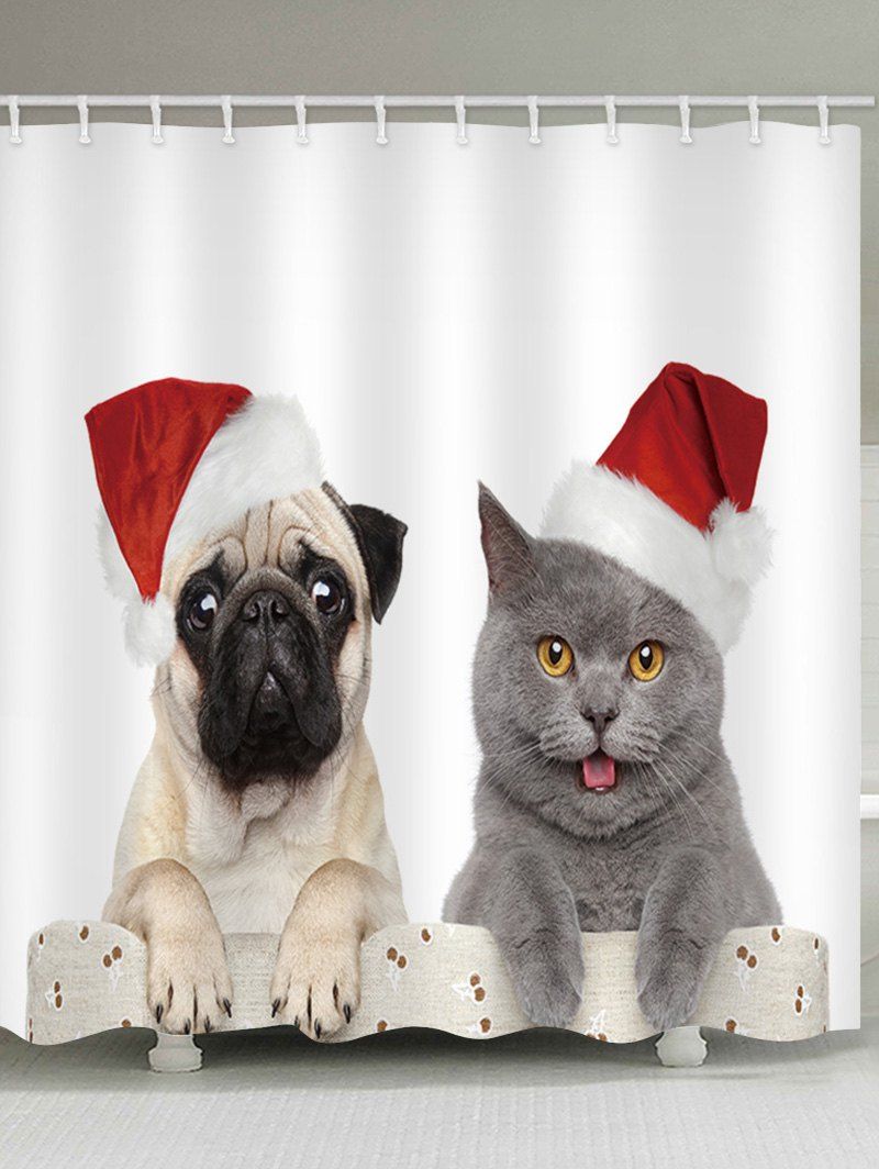 

Christmas Dog Cat Print Waterproof Bathroom Shower Curtain, White