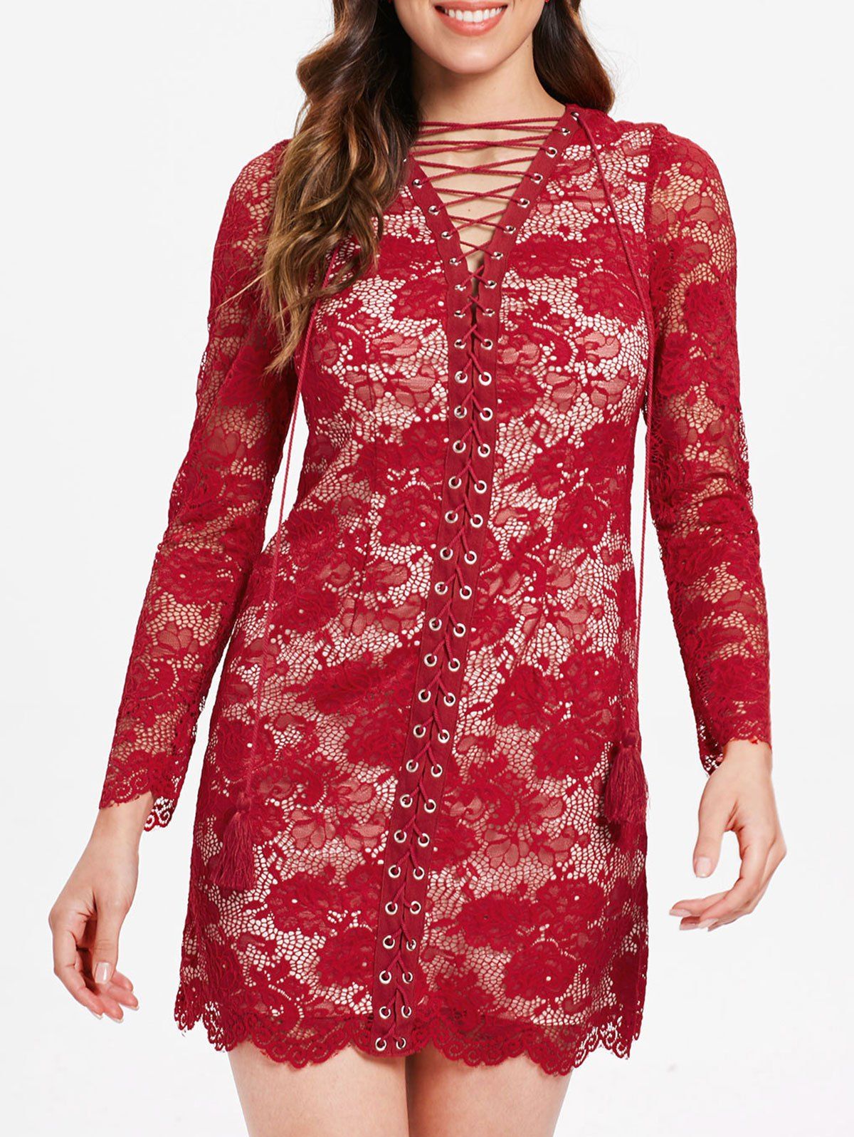 

Full Sleeve Criss Cross Lace Bodycon Dress, Red wine