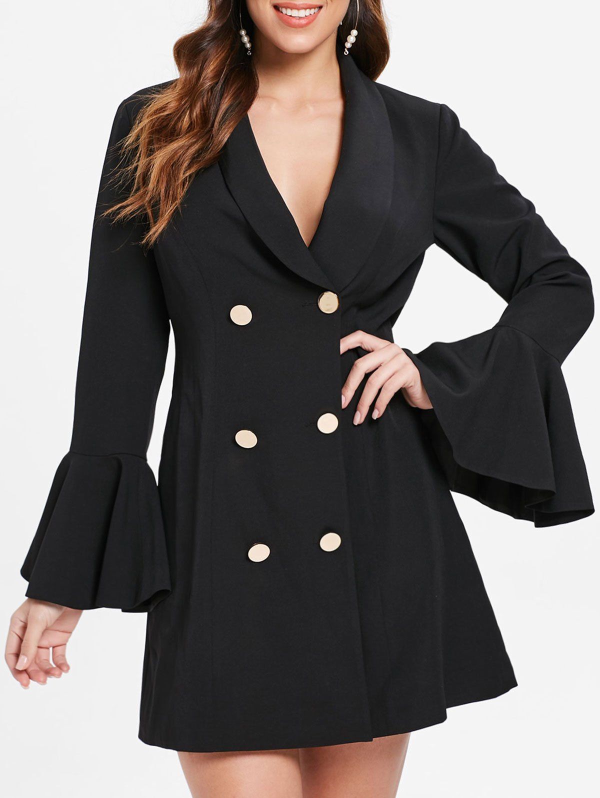 Long Sleeve Mini Button Up Dress, Black