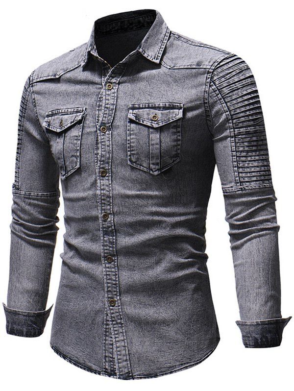 

Pleated Long Sleeve Denim Shirt, Gray