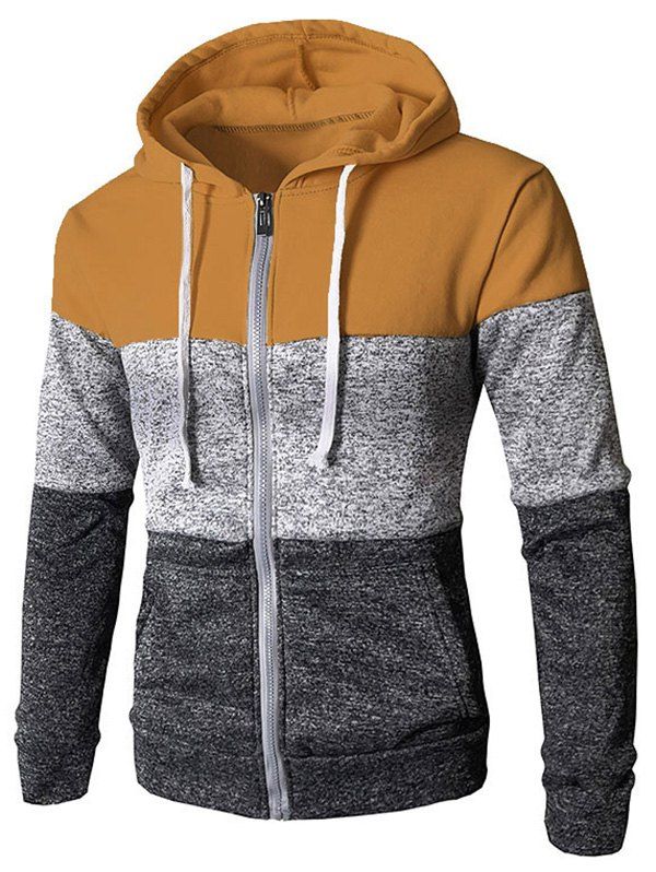 

Zip Up Casual Color Block Pockets Hoodie, Camel brown