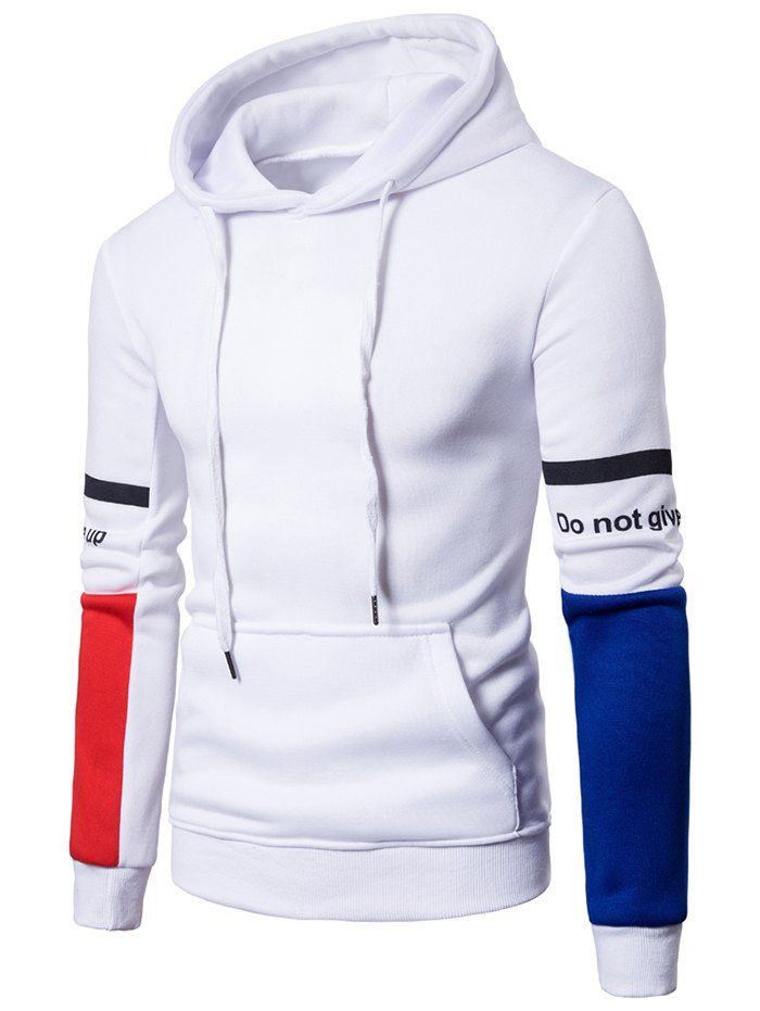 

Drawstring Letter Print Color Block Hoodie, White