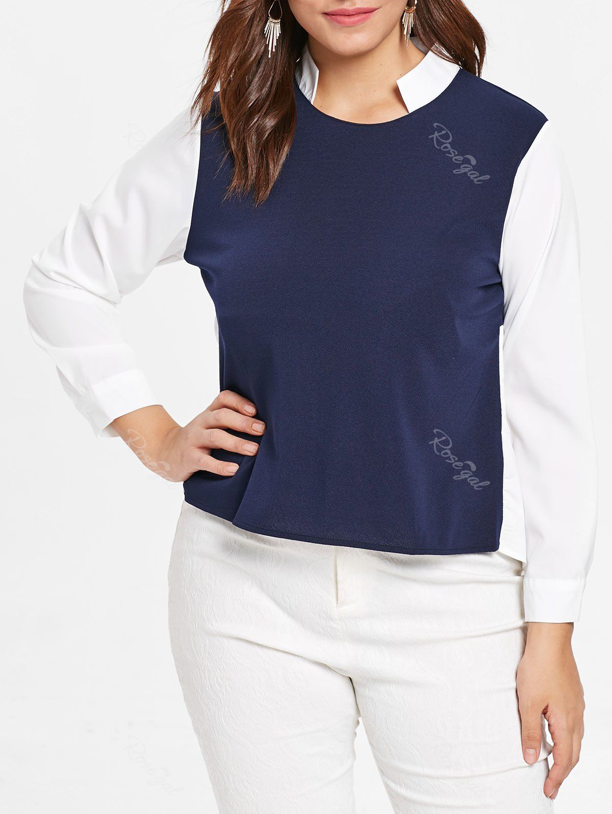 

Two Tone Plus Size Stand Collar Shirt, Midnight blue
