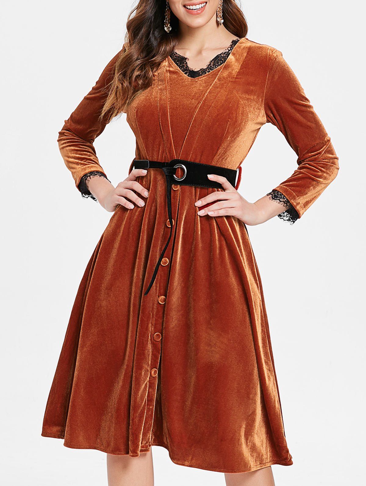 

Long Sleeve Half Button Velvet Dress, Brown