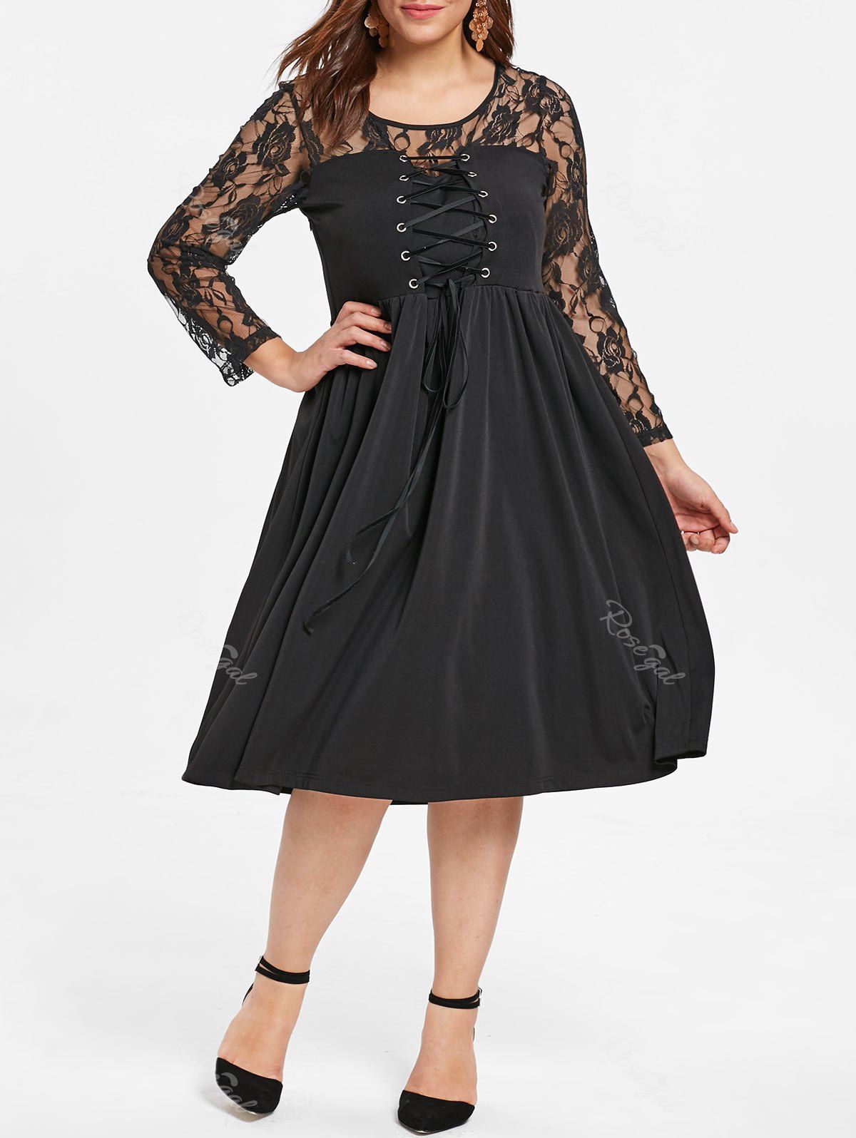 Plus Size Lace Up Knee Length Dress [41% OFF] | Rosegal