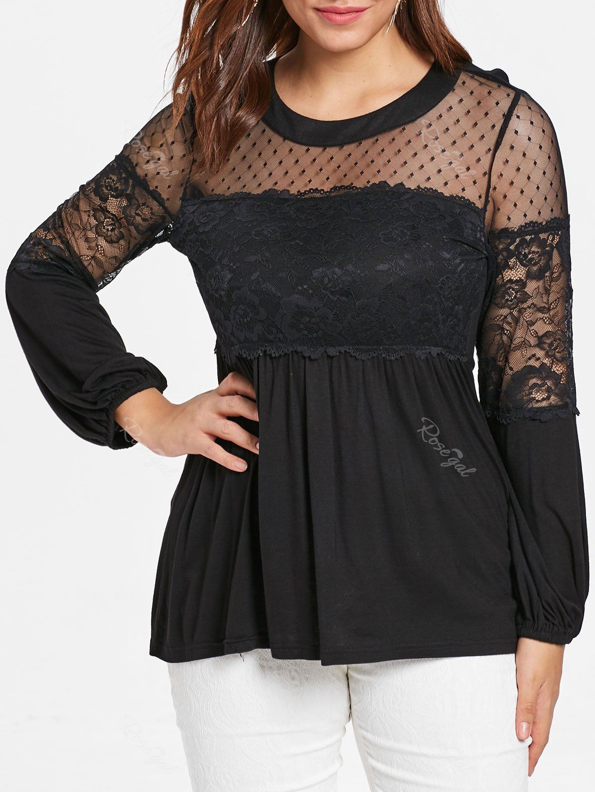 

Plus Size Lace Panel Lantern Sleeve T-shirt, Black