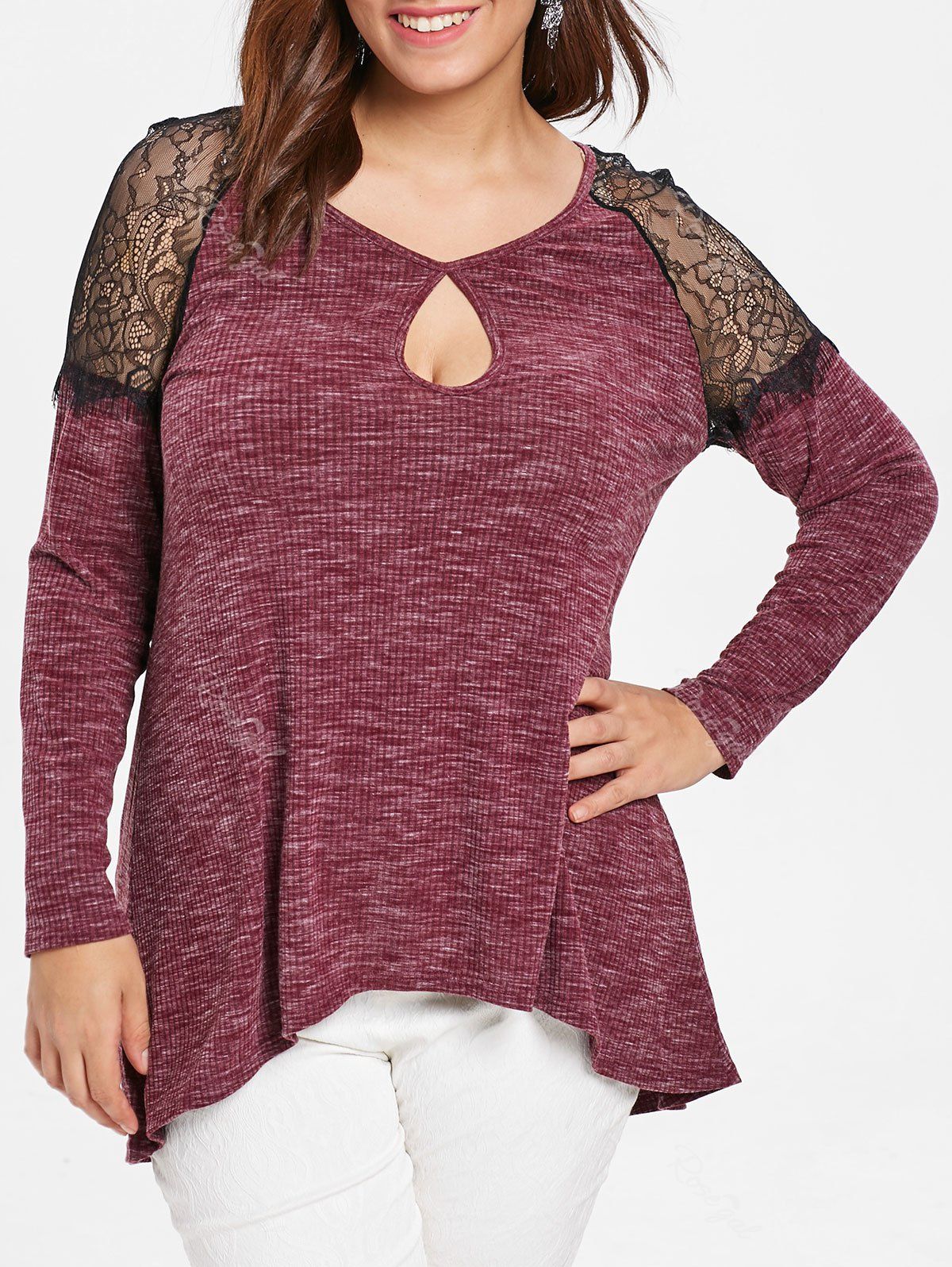 

Plus Size Lace Insert Space Dyed T-shirt, Red wine