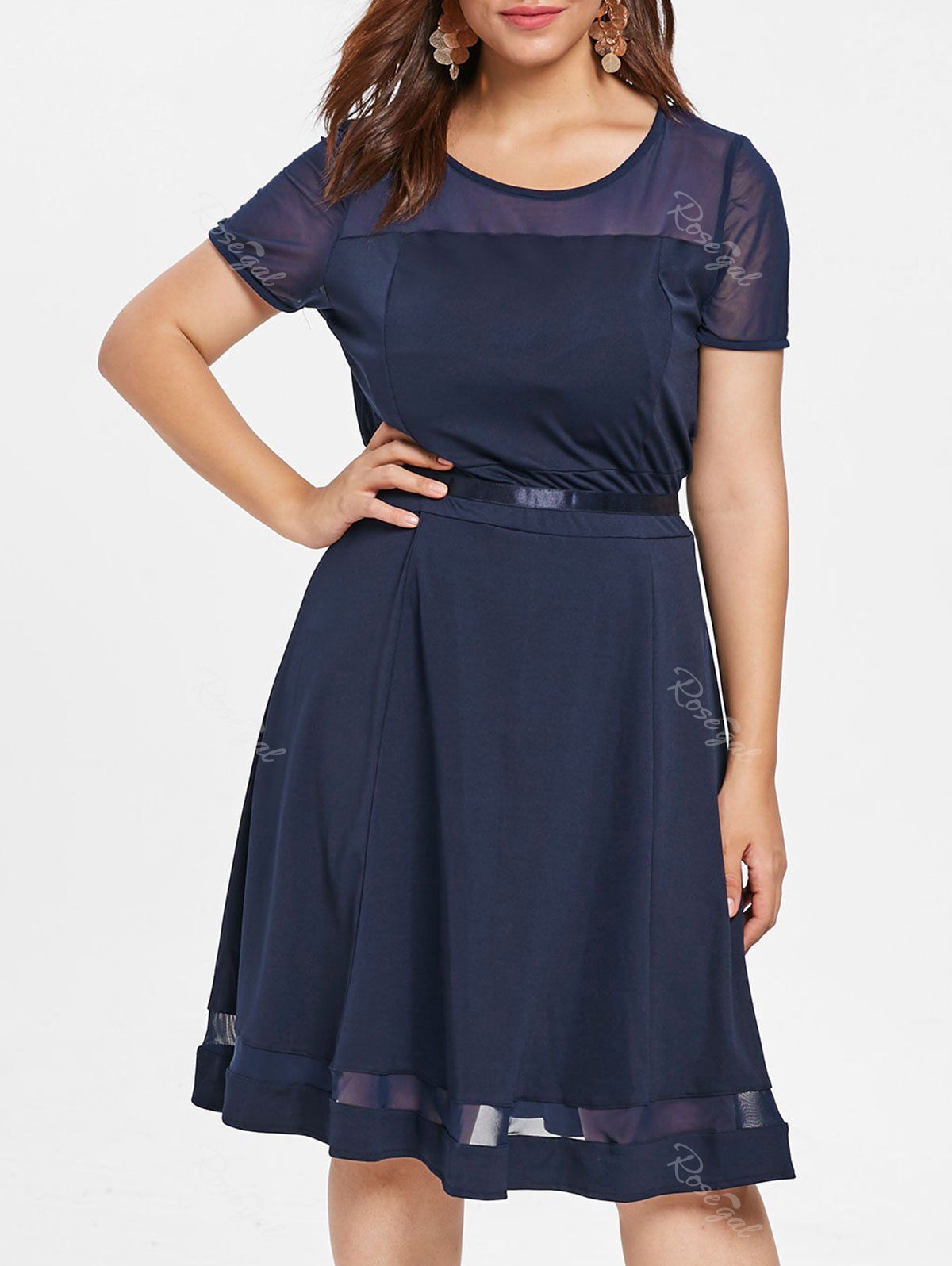 

Mesh Panel Plus Size Short Sleeve A Line Dress, Cadetblue