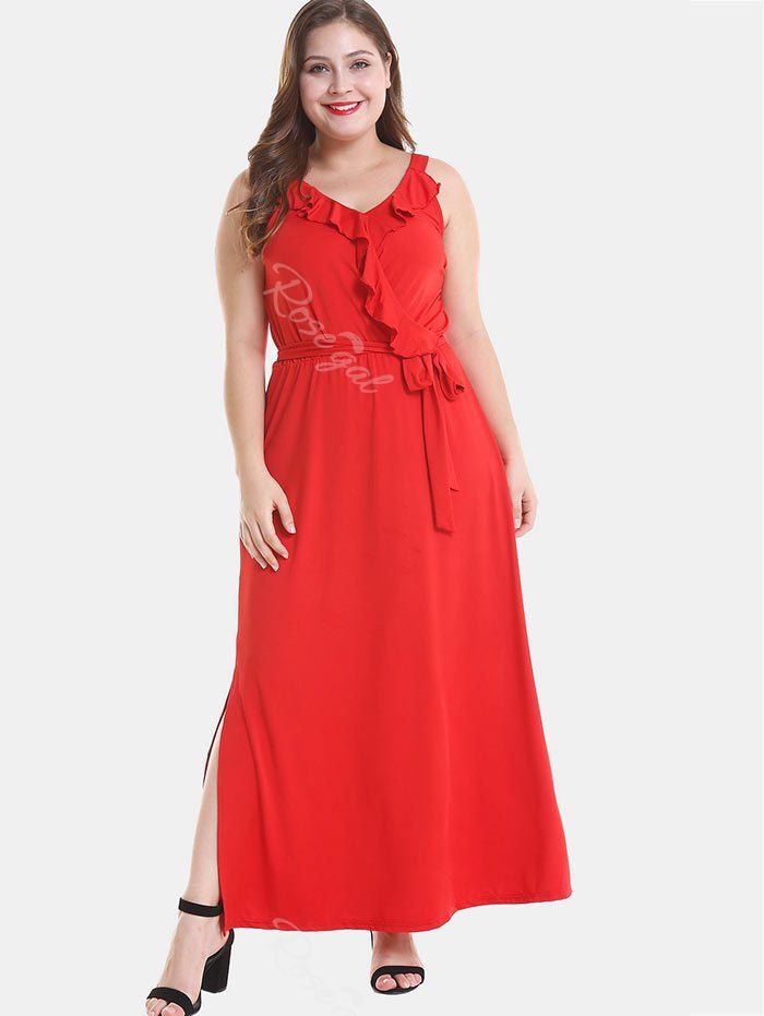 

Plus Size Ruffle Ankle Length Dress, Red