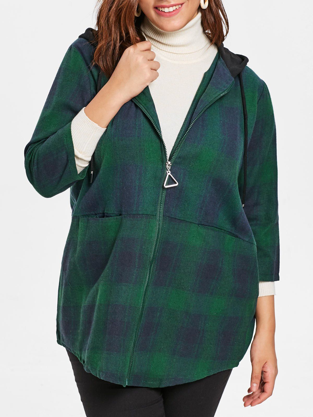 

Plus Size Hooded Plaid Coat, Medium forest green