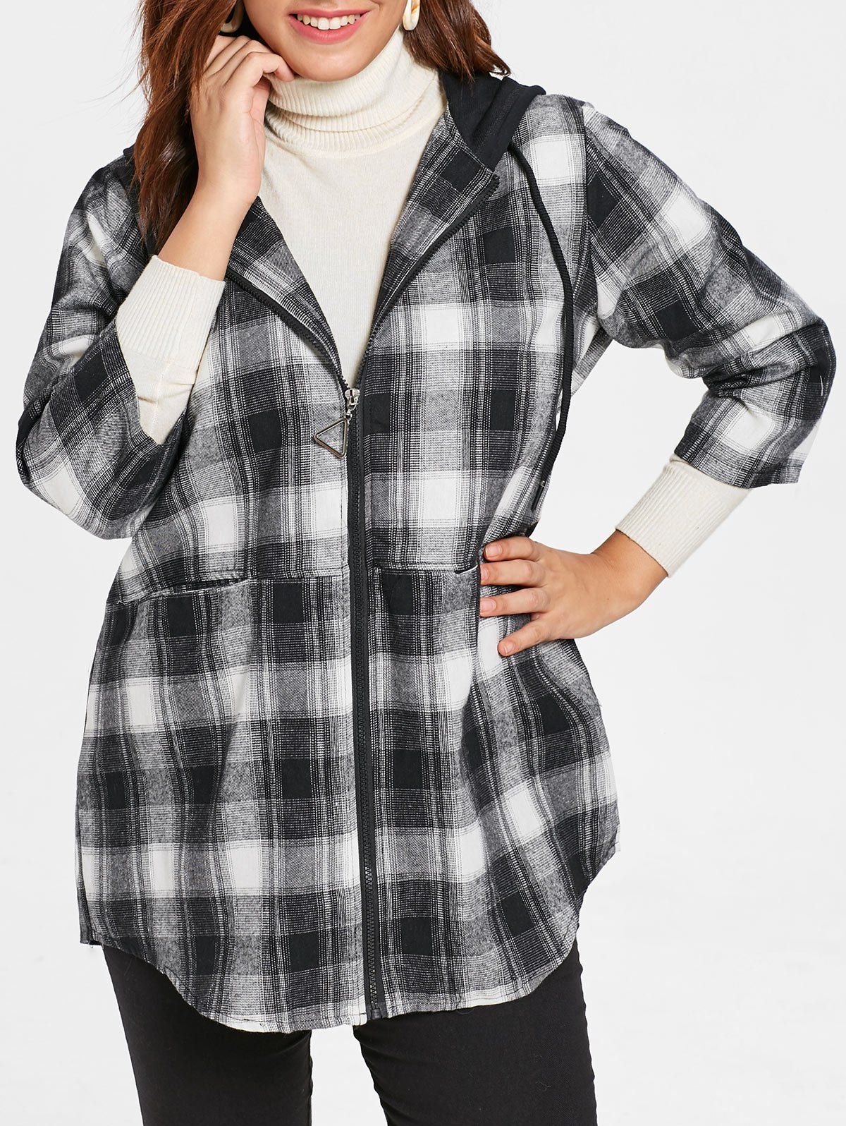 

Plus Size Hooded Plaid Coat, Gray