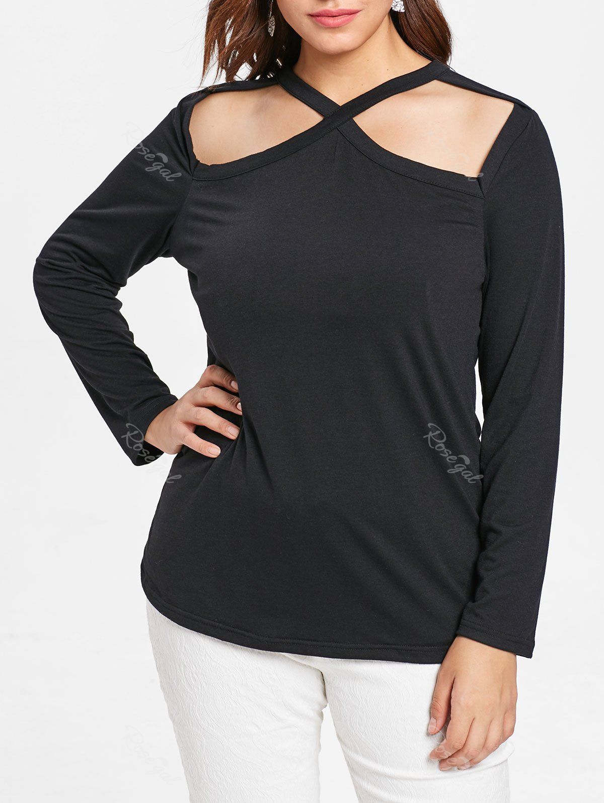 

Cut Out Plus Size V Neck T-shirt, Black