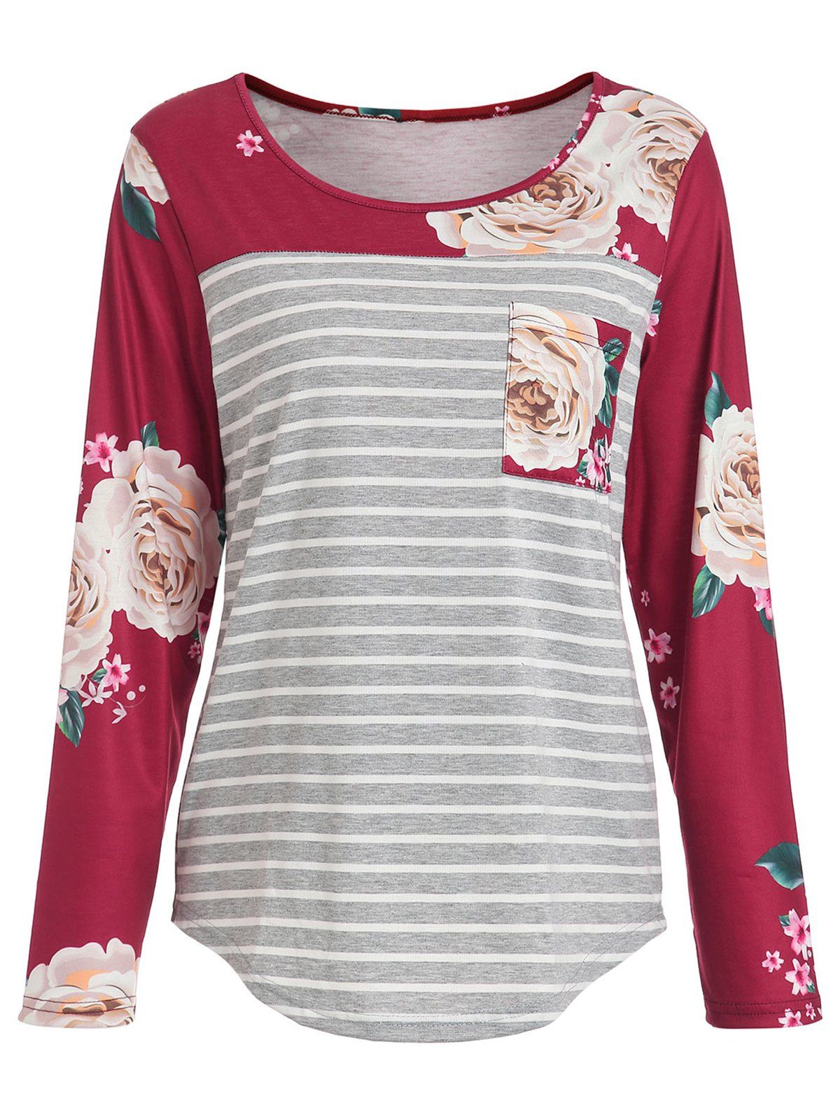

Pocket Floral Stripes Long Sleeve Top, Red
