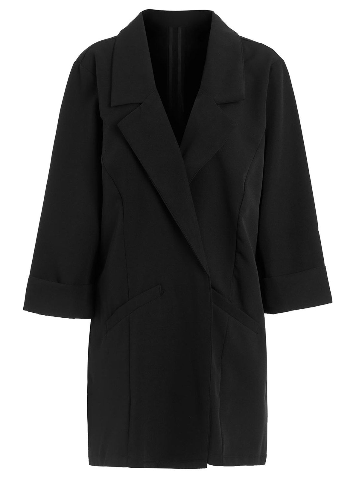 

Cuffed Sleeve Open Front Lapel Coat, Black