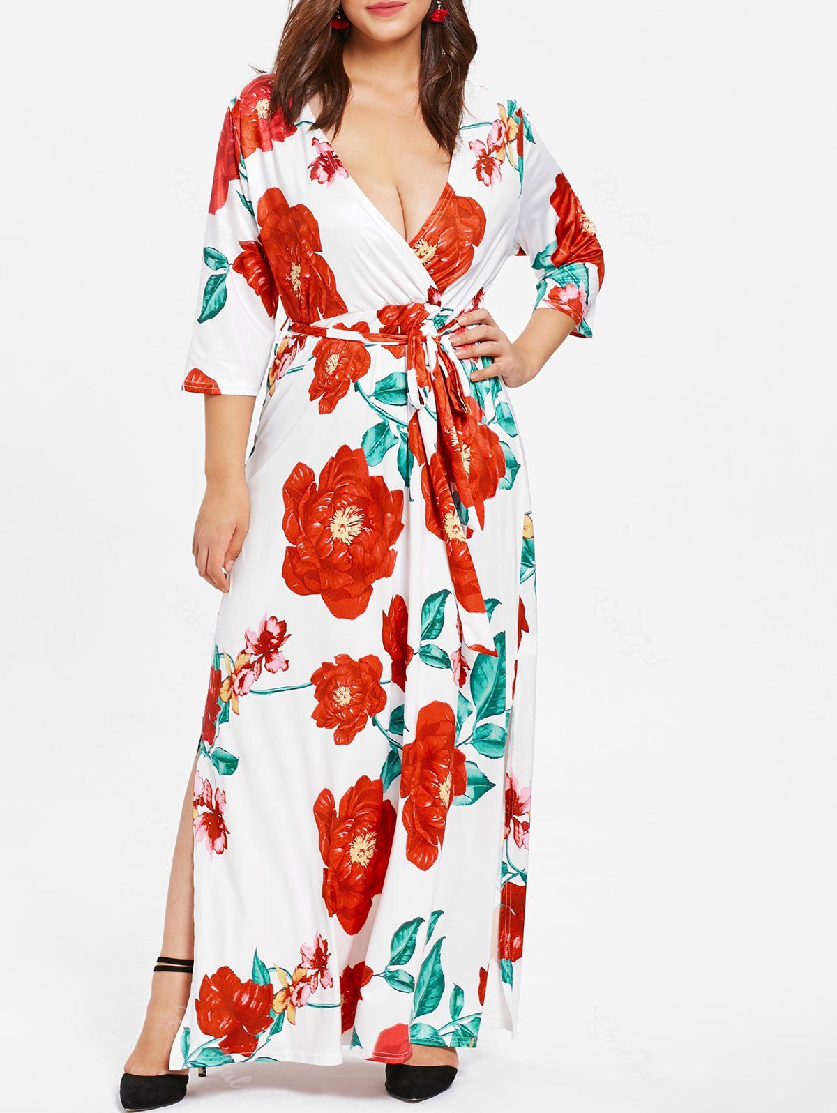 

Surplice Neck Plus Size Floral Maxi Dress with Belt, White