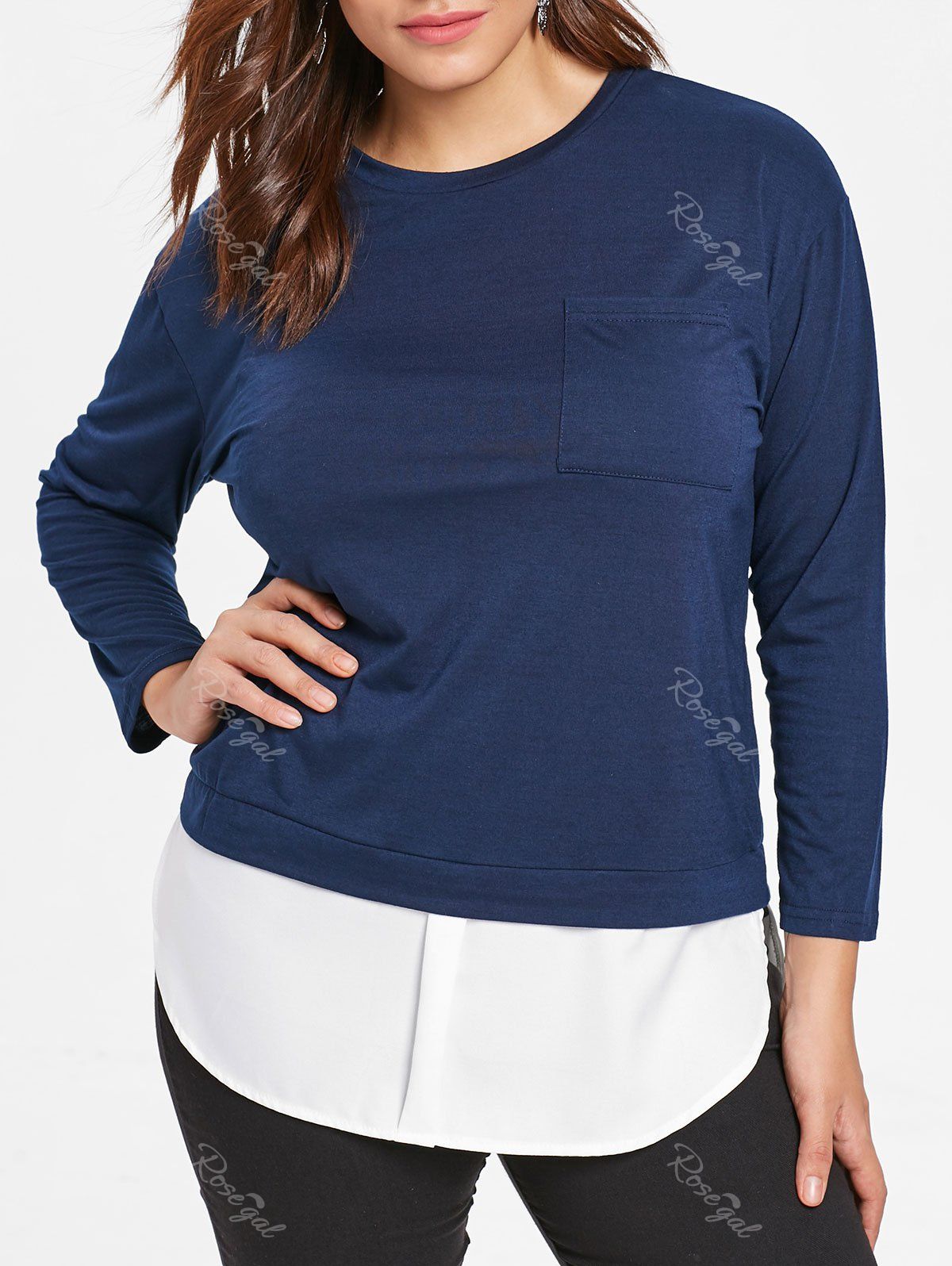 

Plus Size Two Tone Round Neck T-shirt, Midnight blue