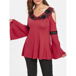 

Flare Sleeve Plus Size Floral Applique T-shirt, Chestnut