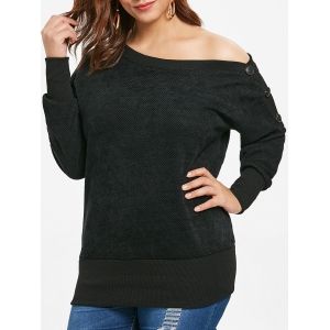 

Plus Size Skew Neck Sweatshirt with Buttons, Black