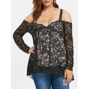

Plus Size Open Shoulder Floral Lace Blouse, Black