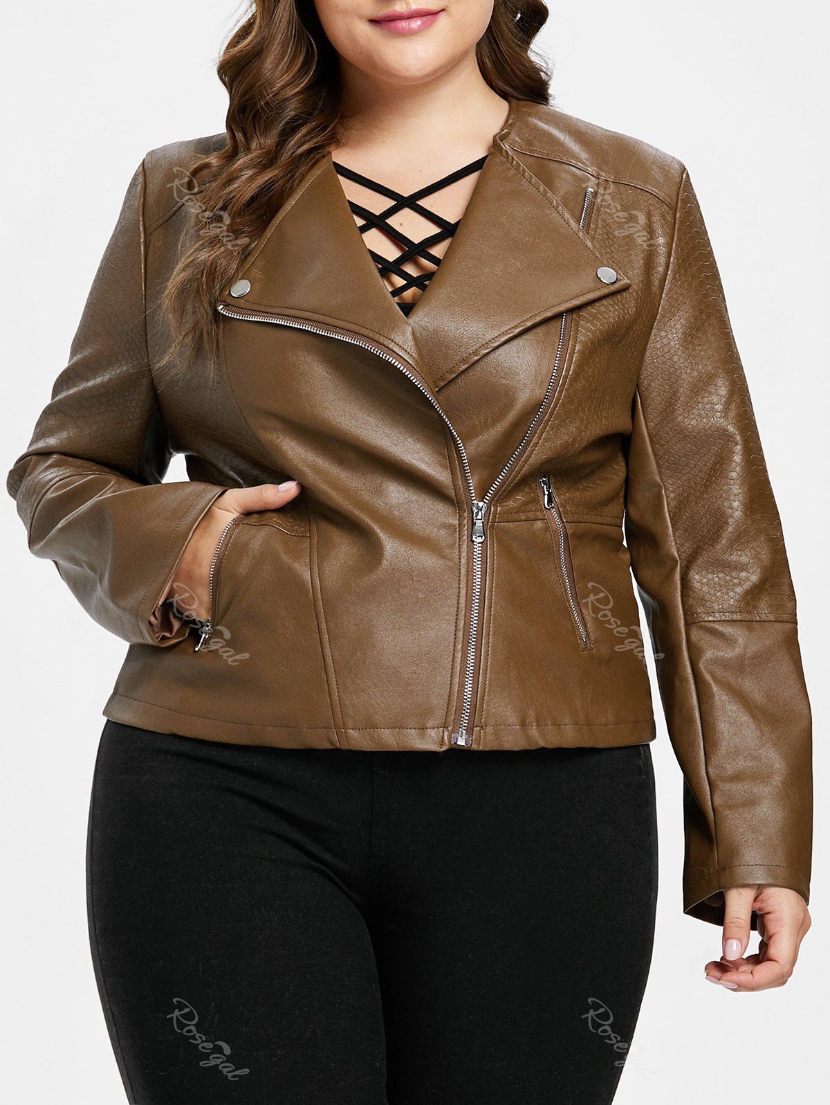 Zipper Embellished Plus Size Biker Jacket