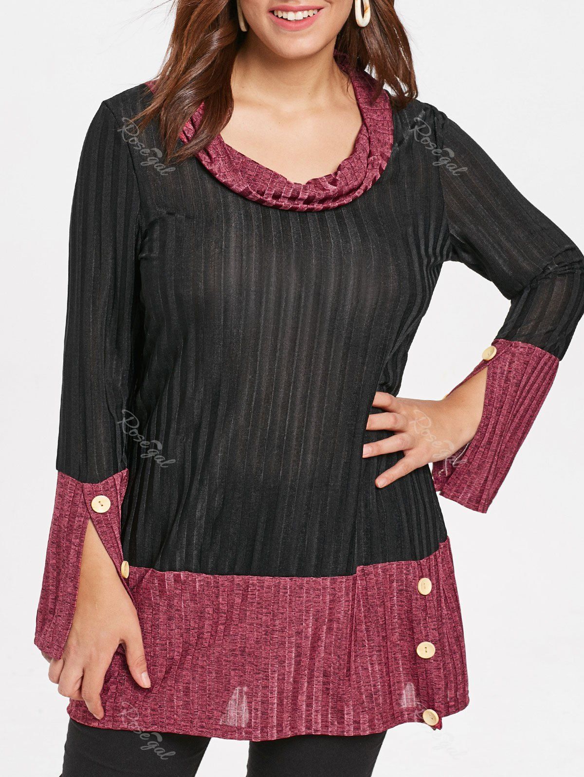 

Plus Size Patchwork Cowl Neck Top, Black