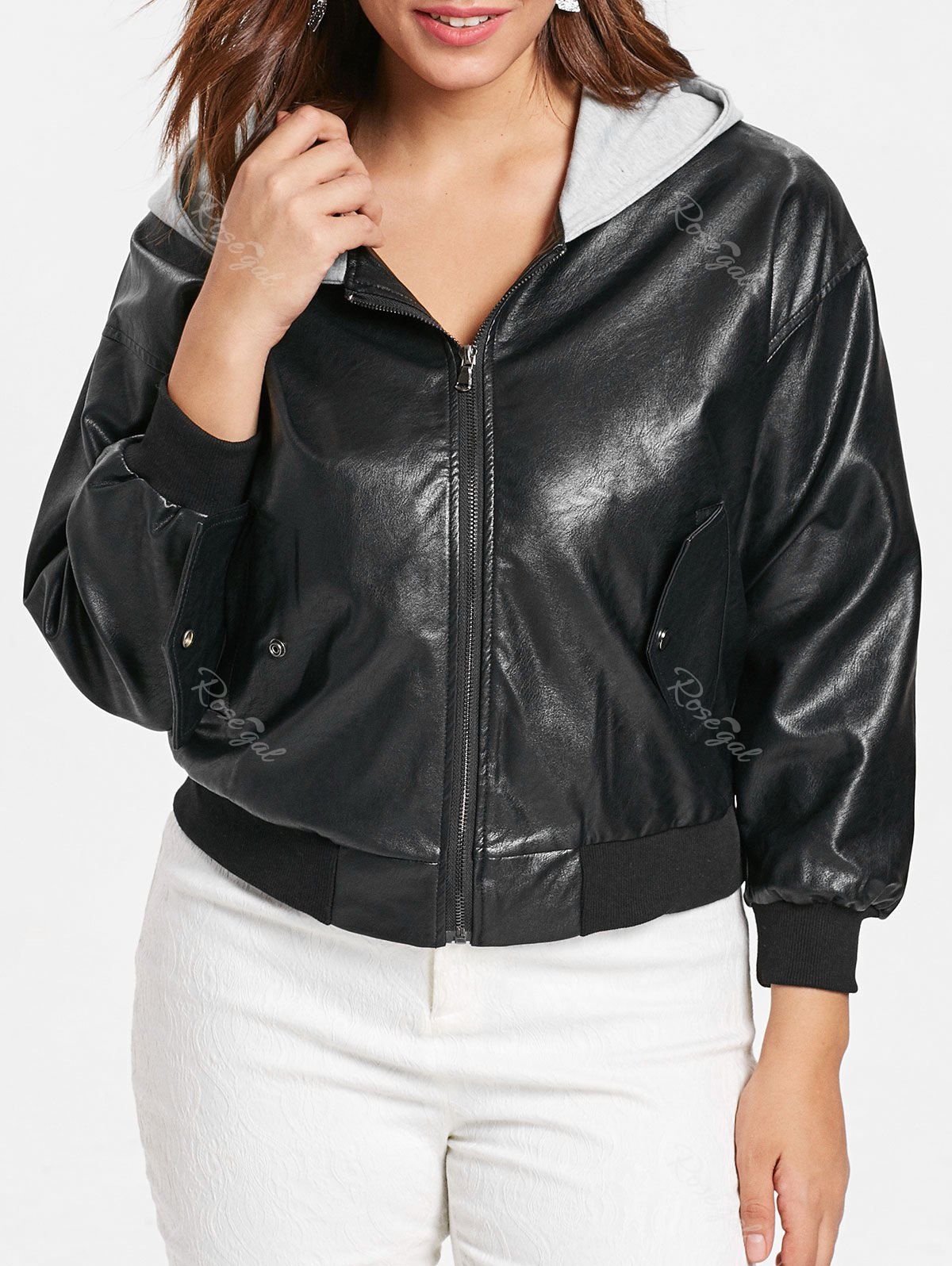 

Front Pockets Plus Size Faux Leather Zip Jacket, Black