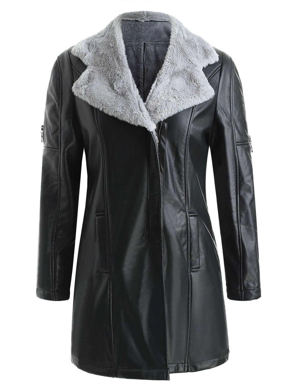 

Fuzz Lined Faux Leather Long Coat, Black