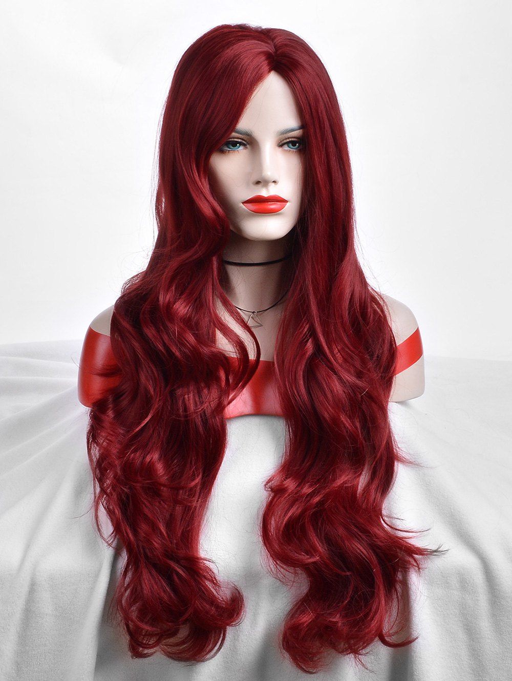 

Ultra Long Inclined Bang Wavy Synthetic Wig, Red wine