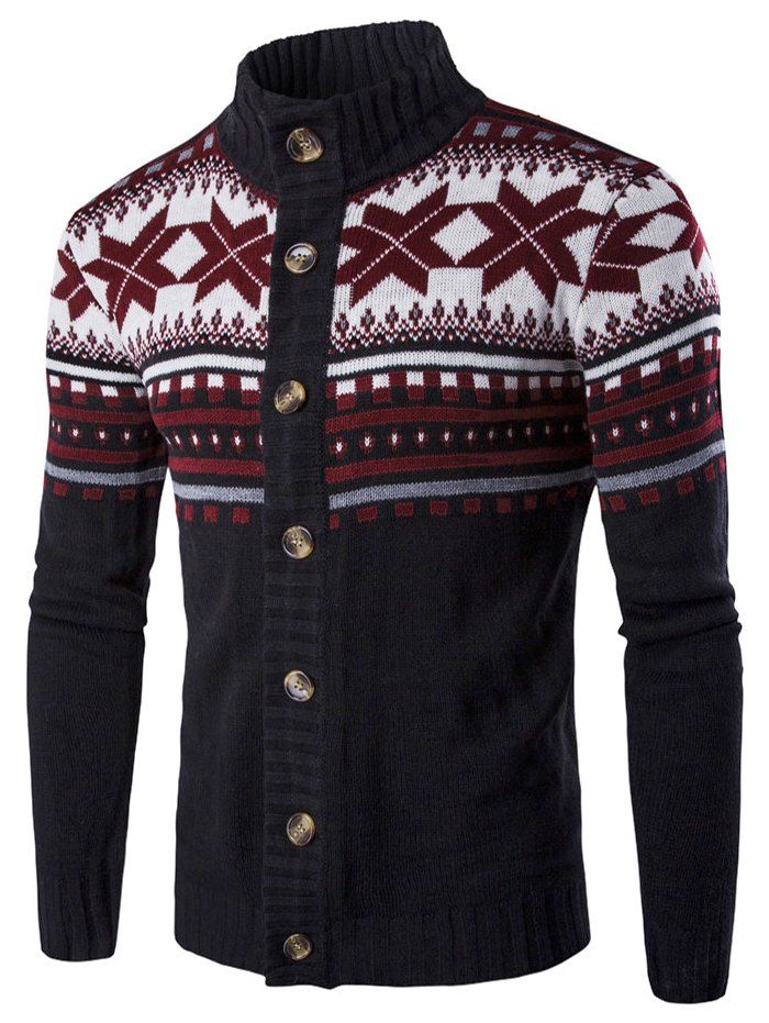 

Geometric Snowflake Print Christmas Knitted Cardigan, Black