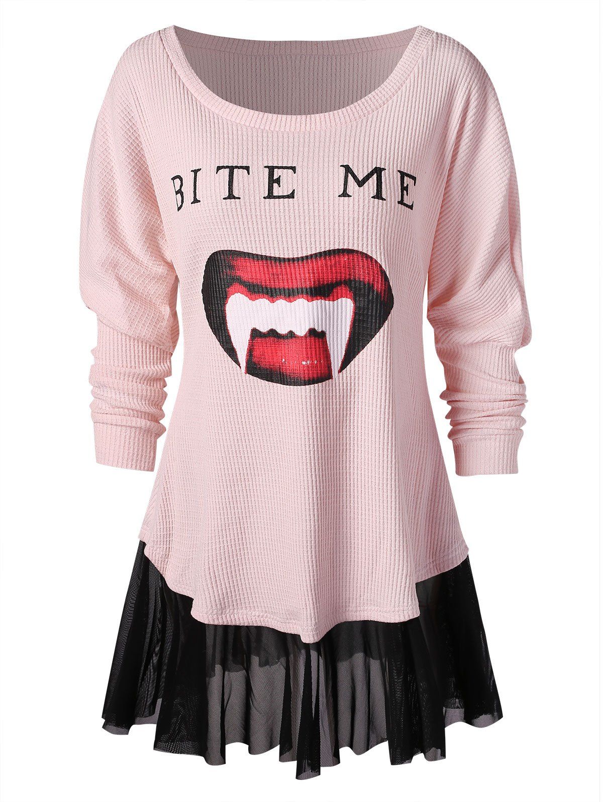 

Vampire Print Long Sleeve Chiffon Trim T-shirt, Light pink